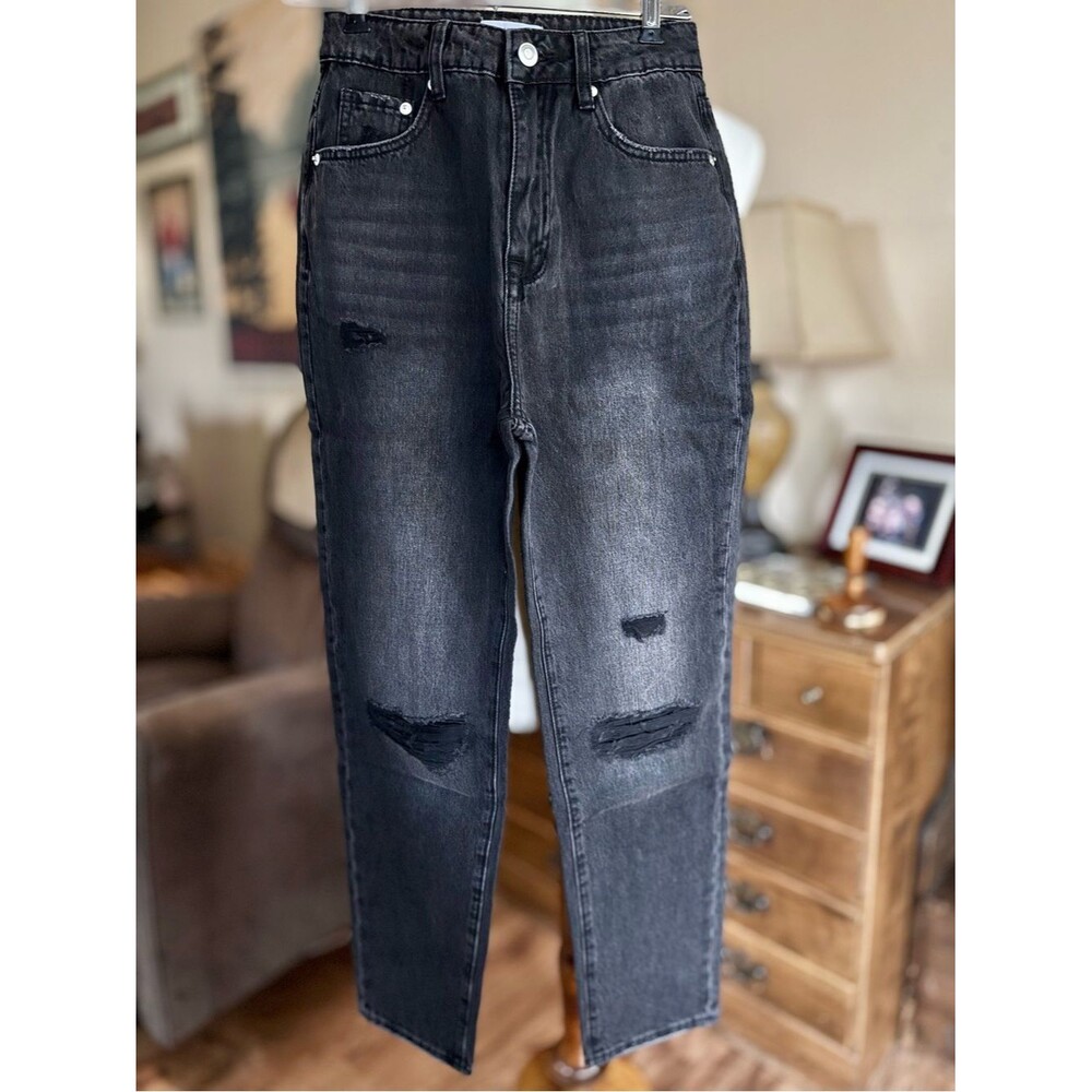 NWOT Lilou Women's Black Washed Distressed Boyfriend Jeans sz SM 25"